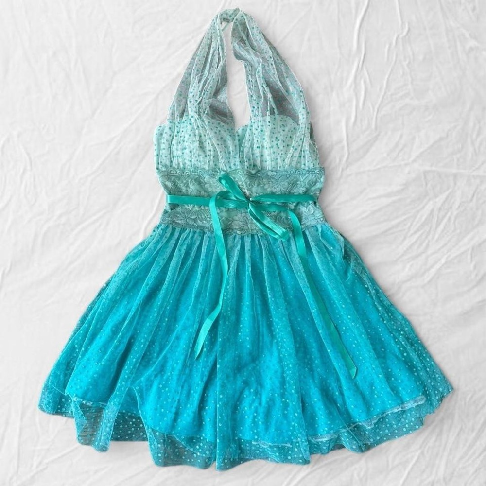 Y2K teal ombre tulle prom dress fairy core halter mini